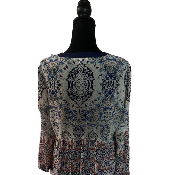 DR2 Daniel Rainn Top Womens Medium Floral Boho Peasant Roll Tab Flowy Blouse - Picture 8 of 10
